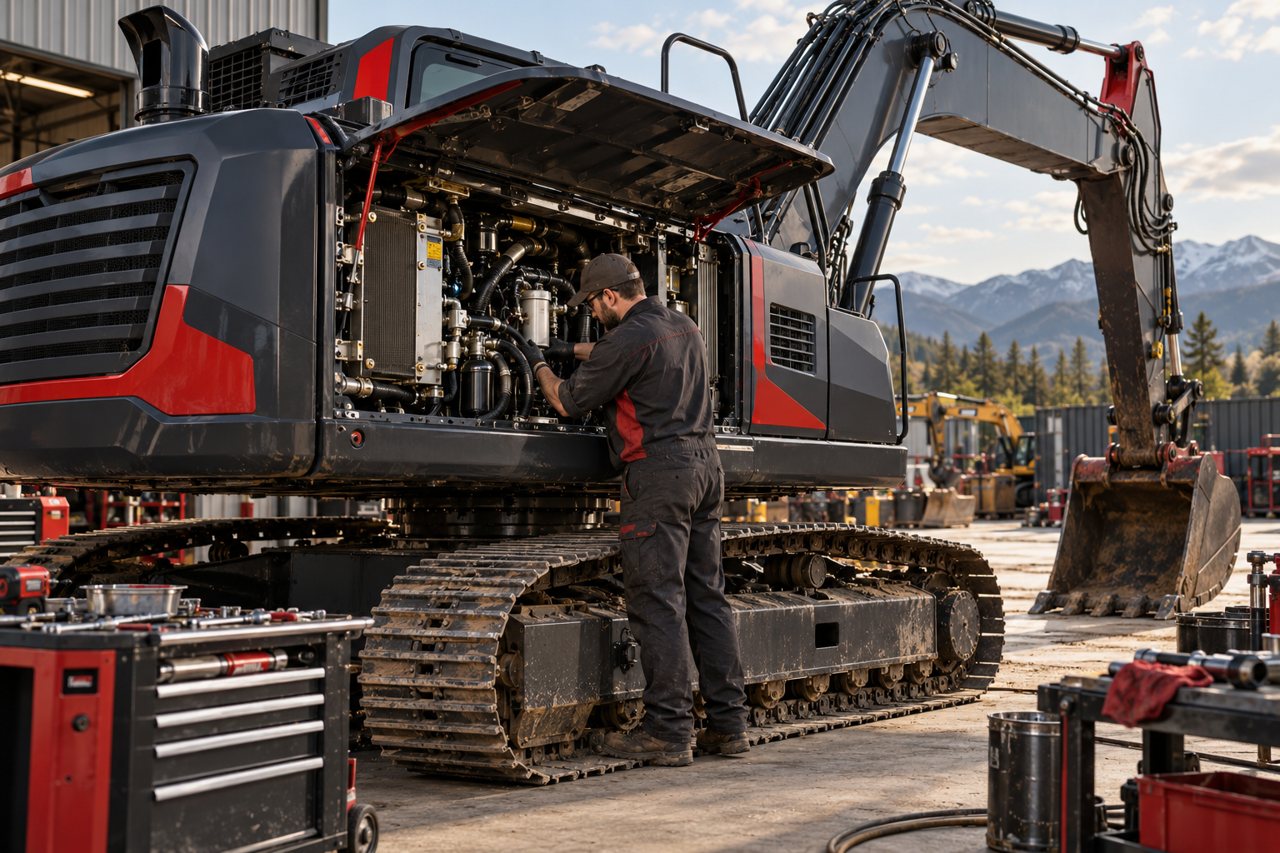 Illustration of a technician servicing an excavator with its engine panel open