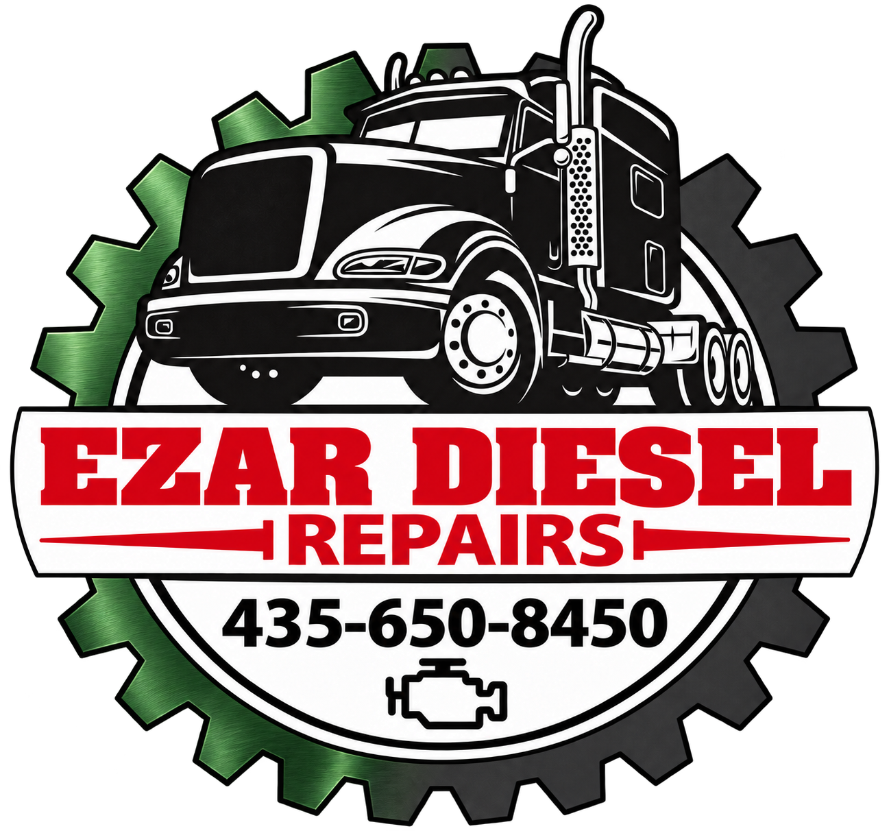 Ezar Diesel Repairs logo showing a black semi truck, a gear, and the phone number 435-650-8450