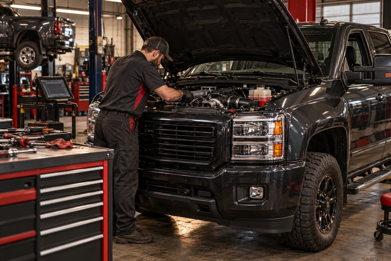 Illustration of a technician working under the hood of a diesel pickup in a repair bay