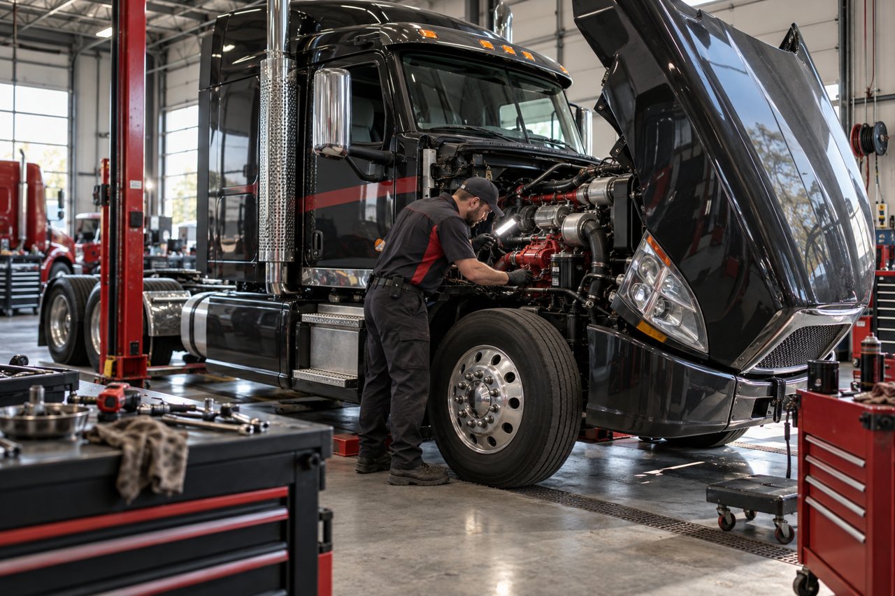 Illustration of a technician inspecting the engine of a semi truck in a repair bay