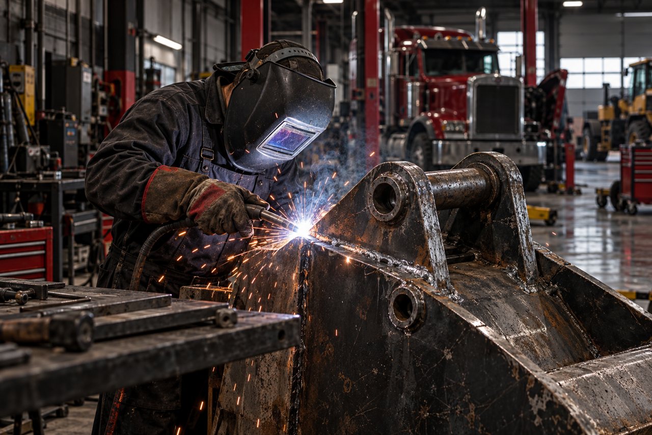Illustration of a welder repairing a heavy equipment attachment
